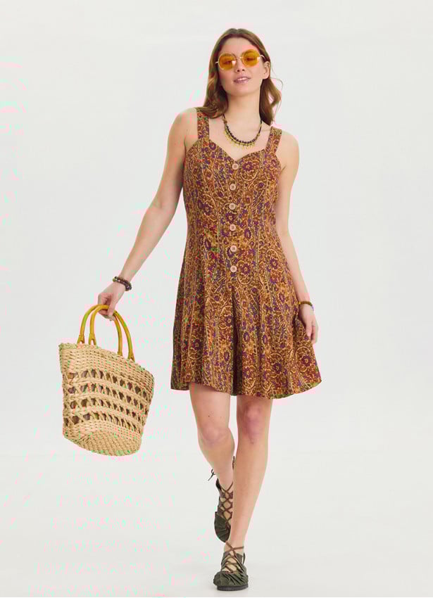 Thin Strap Button Detailed Short Mustard Ethnic Jumpsuit 4567